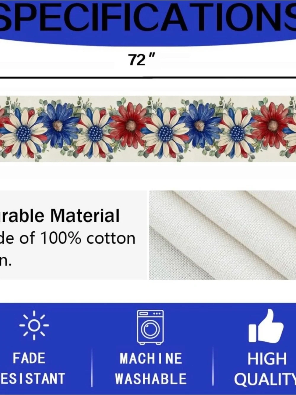 Patriotic Red, White & Blue Floral Table Runner